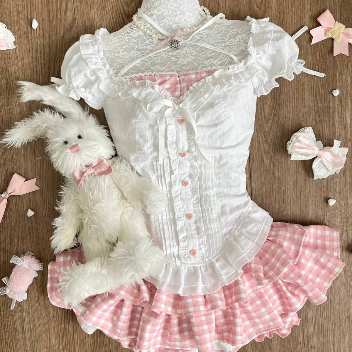 Top And Pink Plaid Tiered Skirt