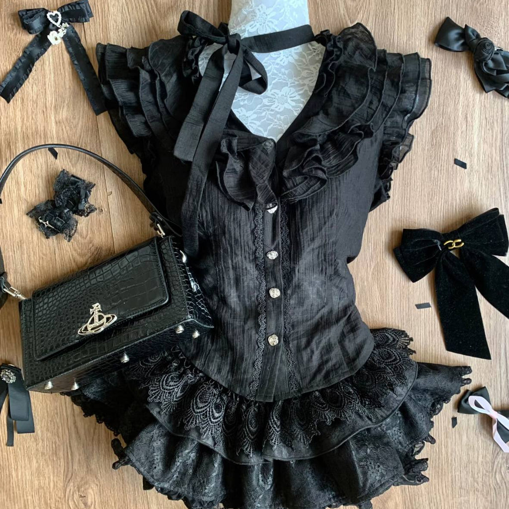 Black Ruffle-Trim Top And Solid