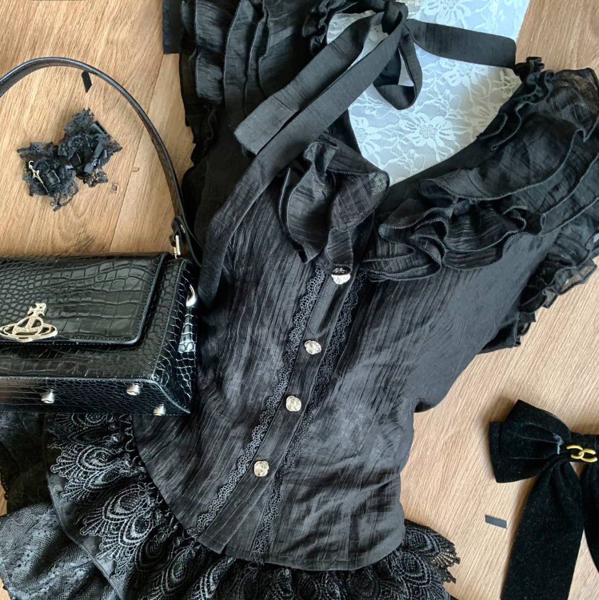 Black Ruffle-Trim Top And Solid