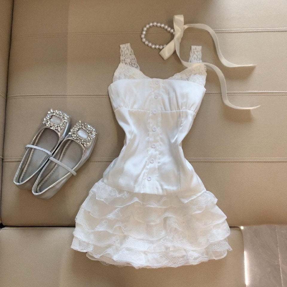 Bow-tie Off-shoulder Sleeveless Lace-panel