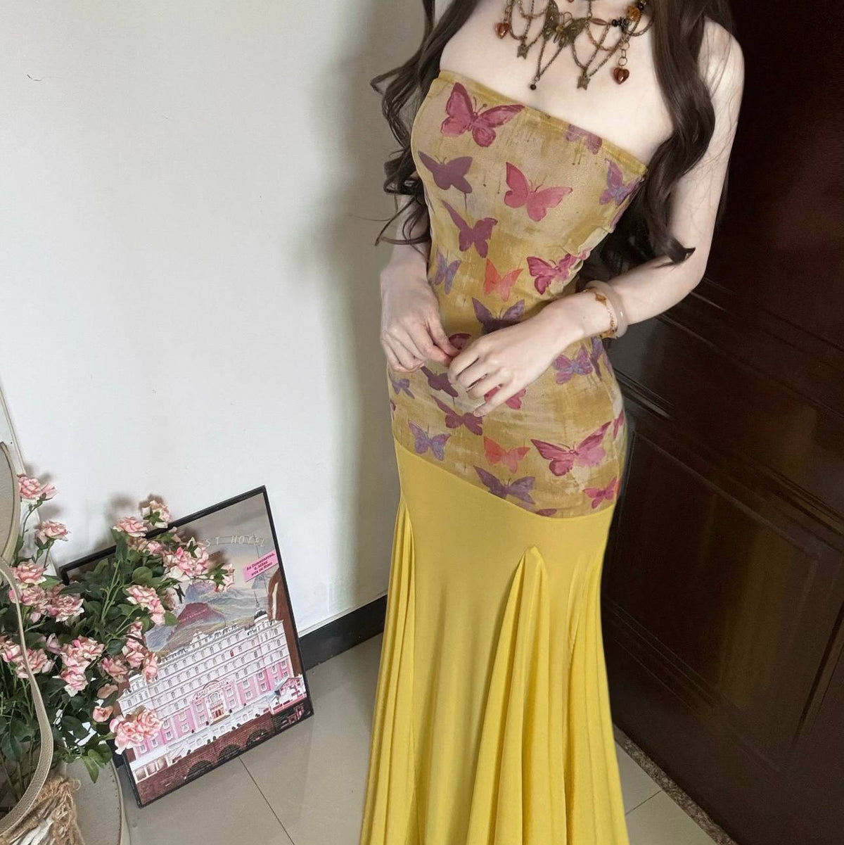 Yellow Butterfly-print Mesh-panelled Strapless