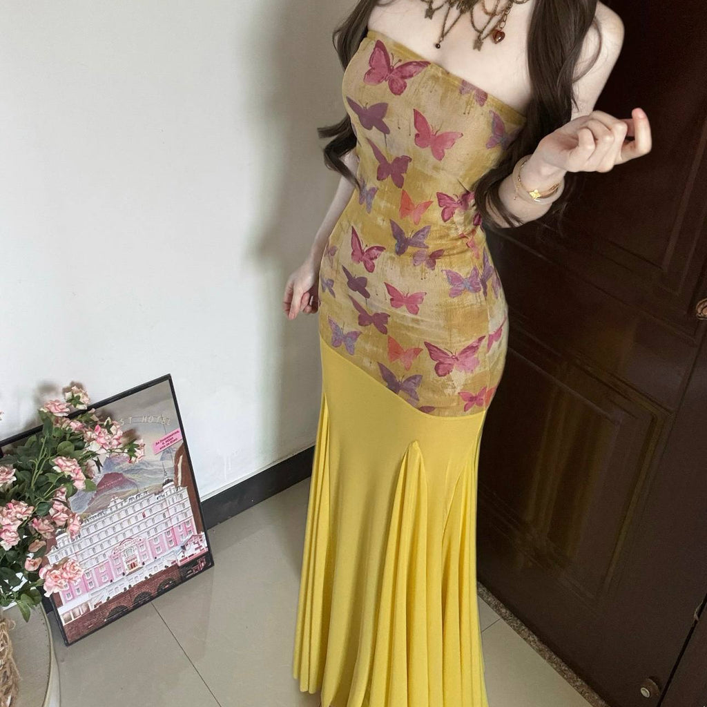 Yellow Butterfly-print Mesh-panelled Strapless