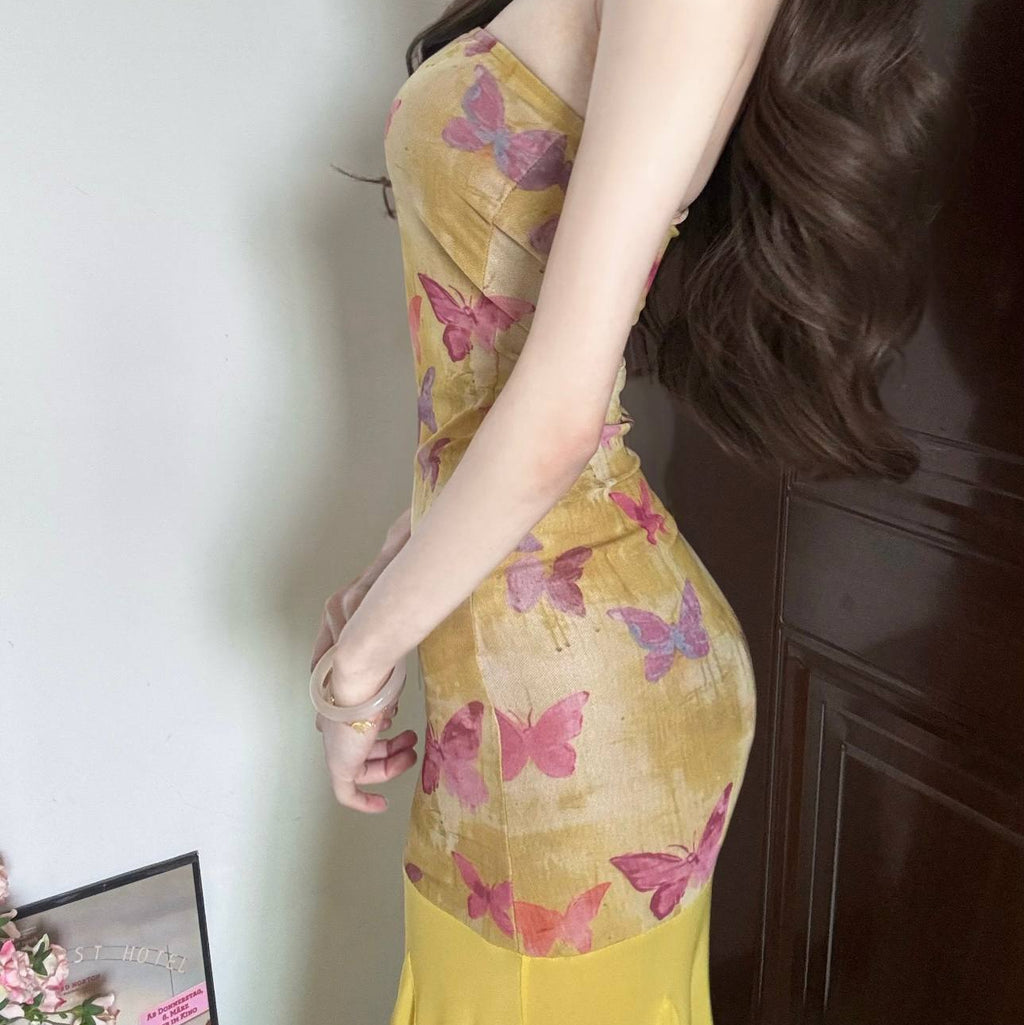 Yellow Butterfly-print Mesh-panelled Strapless