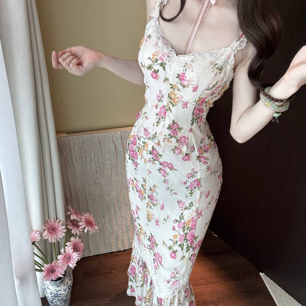 Champagne-colored Halter-neck Dress With Tie Details