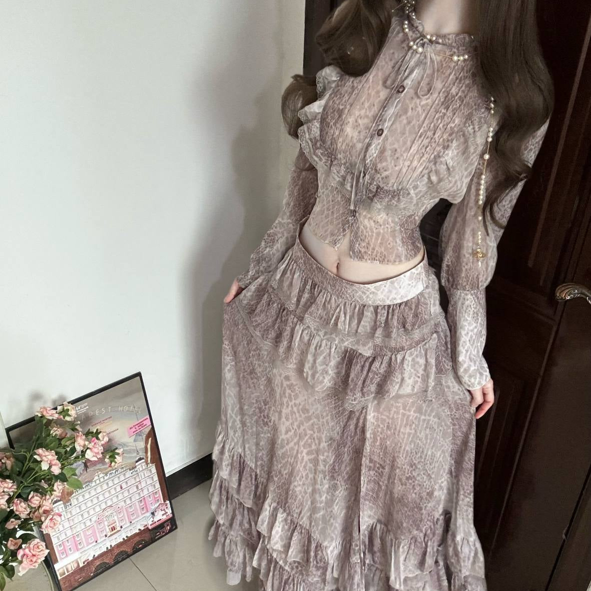 Leopard-print Chiffon Blouse Set