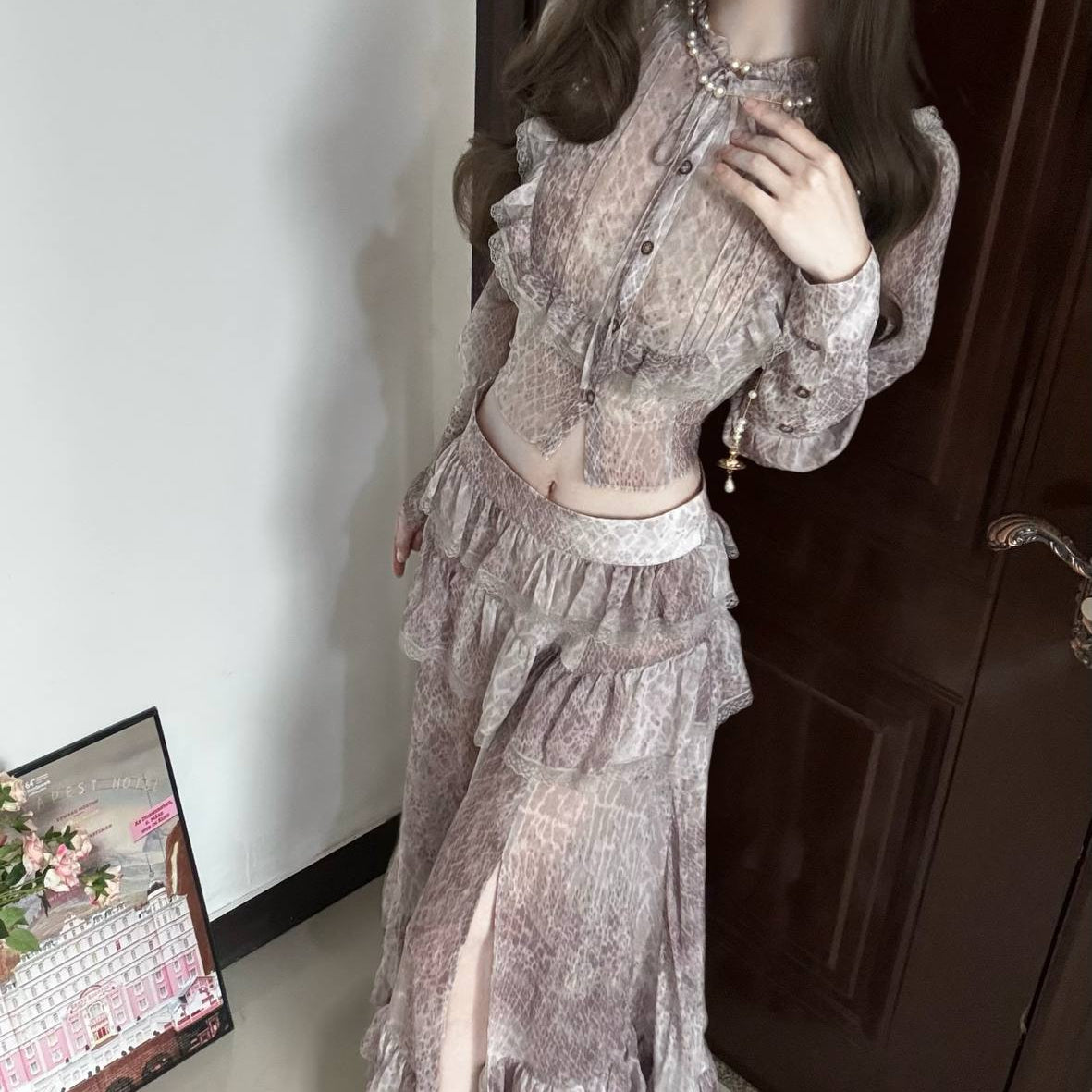 Leopard-print Chiffon Blouse Set