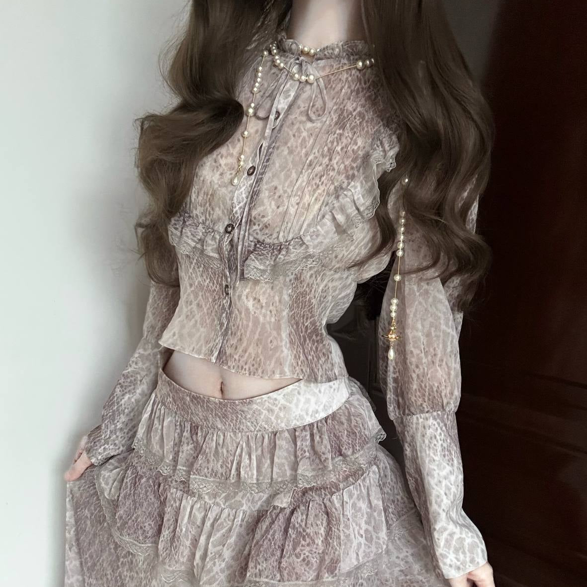 Leopard-print Chiffon Blouse Set