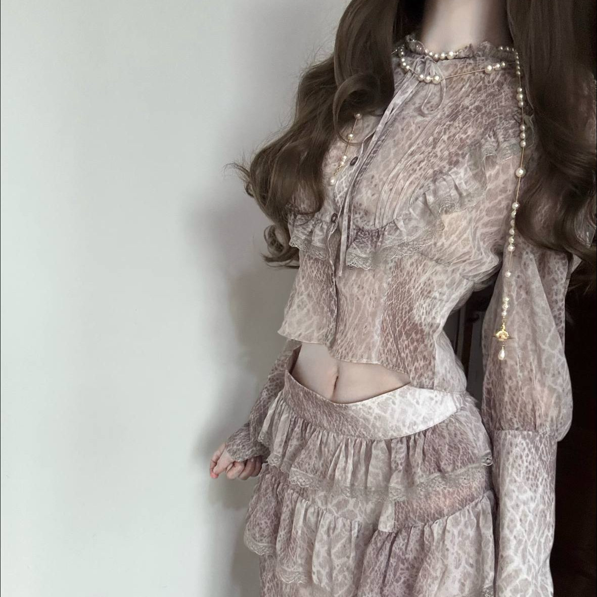 Leopard-print Chiffon Blouse Set
