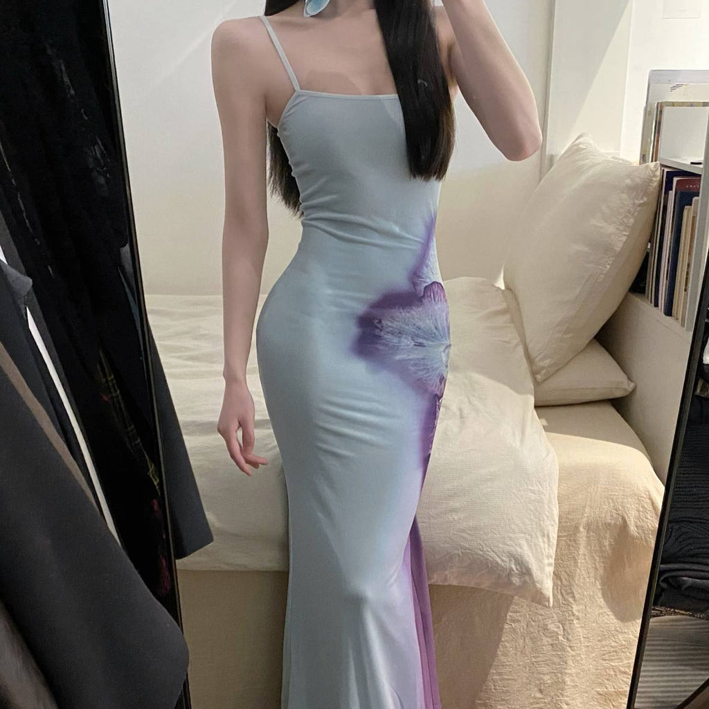 Women's Blue Printed Strap Dress For Summer