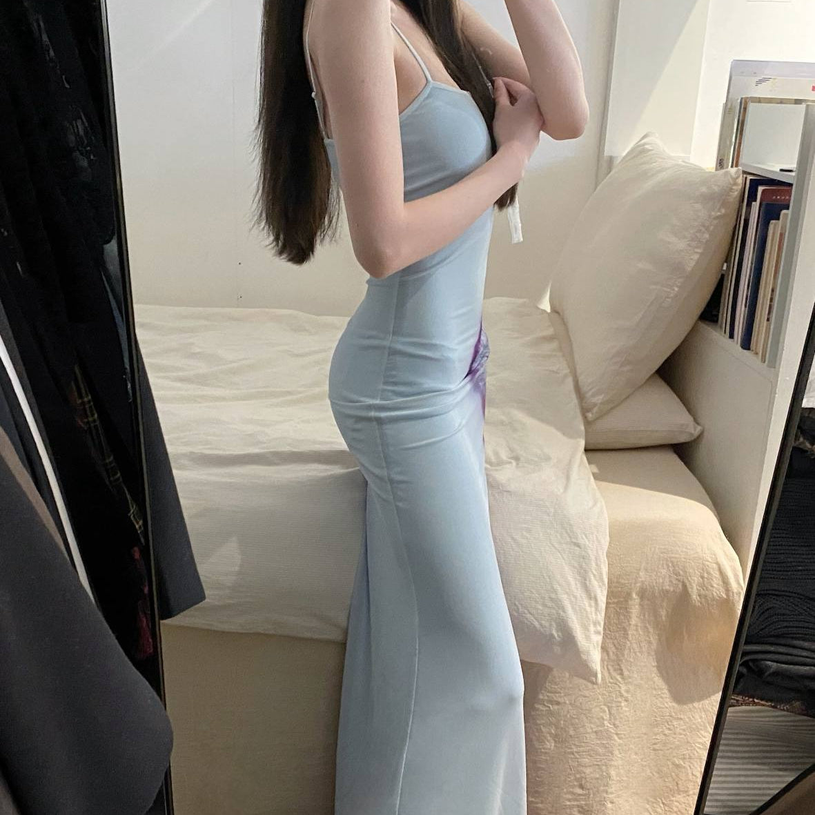 Women's Blue Printed Strap Dress For Summer