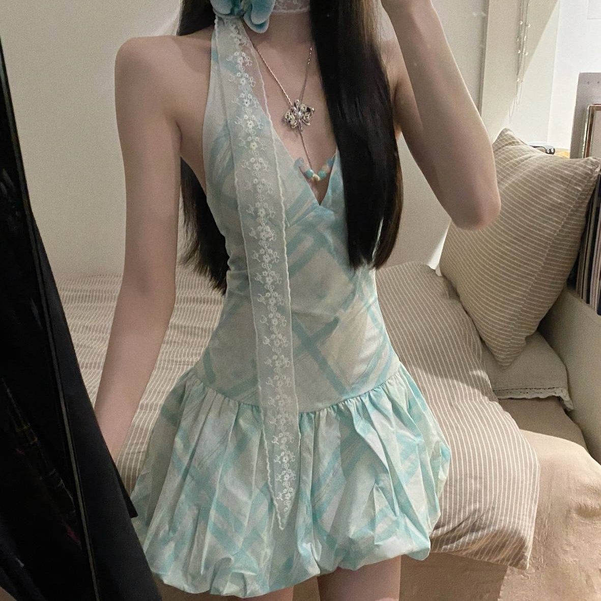 Mint Green V-neck Halter Jumpsuit