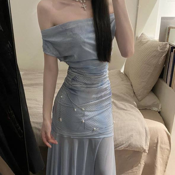 Blue Mesh Off-shoulder Dress