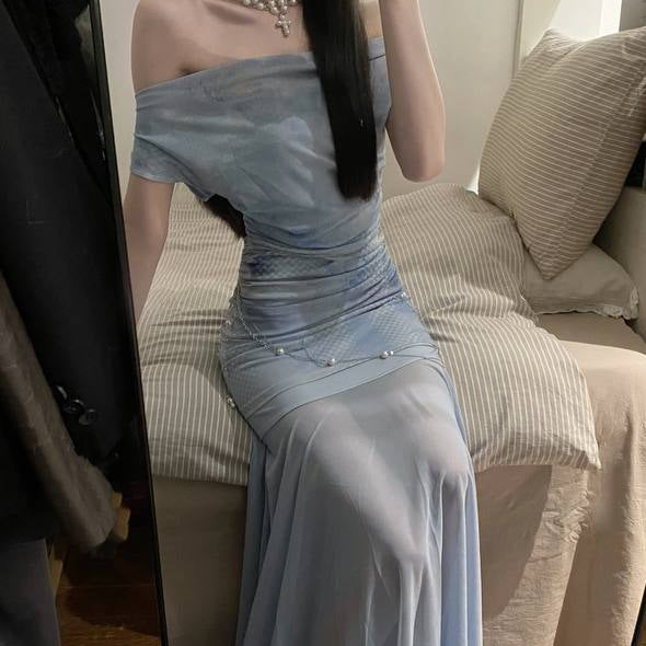 Blue Mesh Off-shoulder Dress