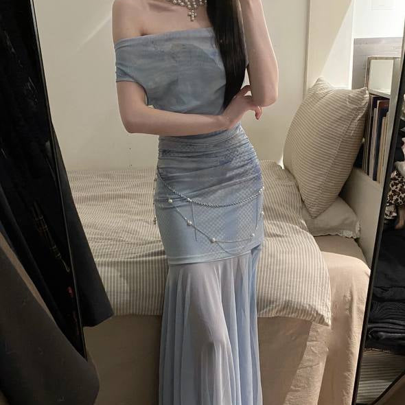 Blue Mesh Off-shoulder Dress