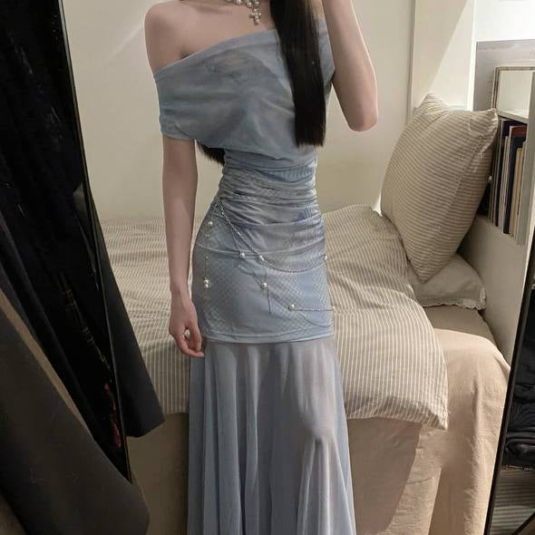 Blue Mesh Off-shoulder Dress